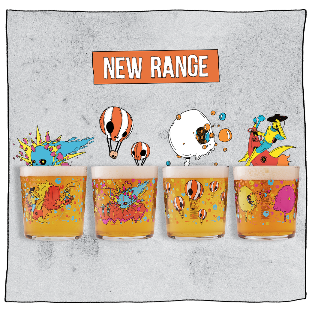 A set of four colorful tumbler glasses with unique character designs, displayed with 'NEW RANGE' text at the top.