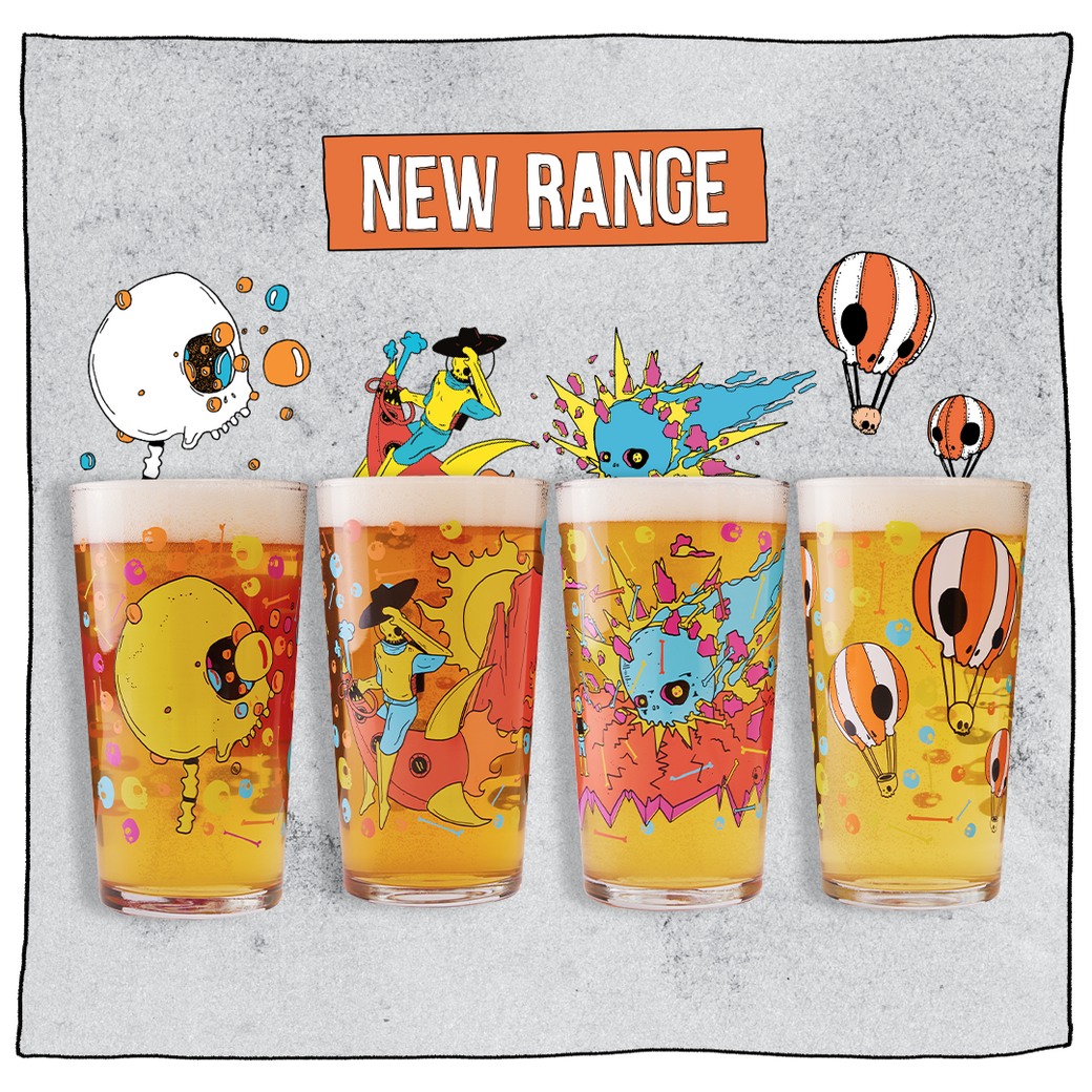 A set of four pint glasses with colorful, comic book style illustrations, displayed with a 'NEW RANGE' sign in the background.