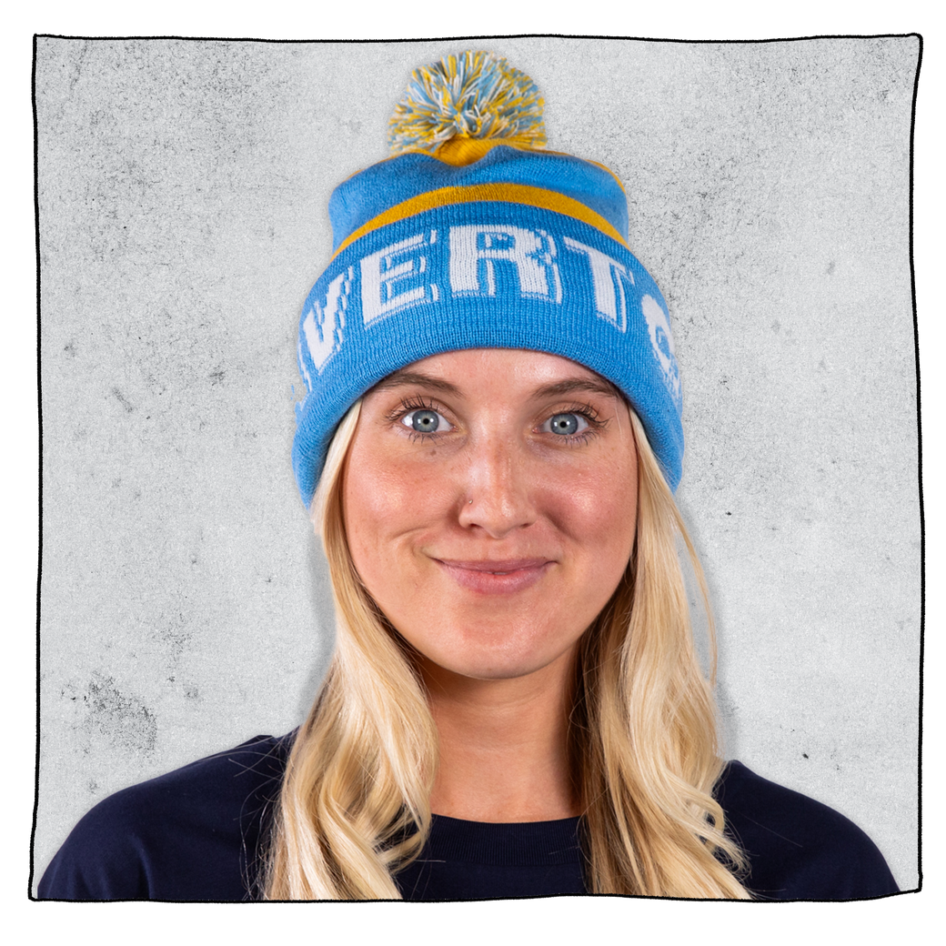 Turn up Pom-Pom Beanie in Yellow & Blue