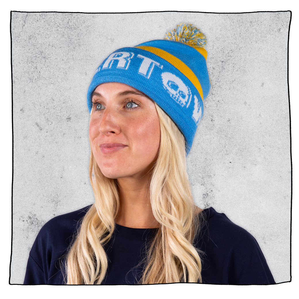 Cuffed Pom-Pom Beanie in Yellow & Blue