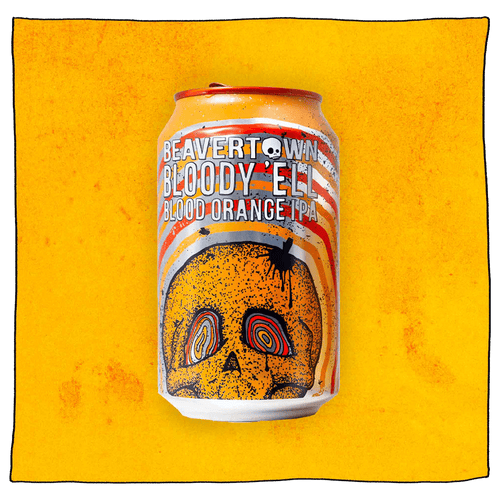 Beavertown Brewery Bloody E'll Blood Orange IPA in orange can with orange skull and dark orange and blue swirl eyes. In front of an orange background.