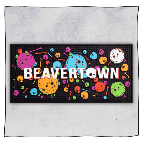 Beavertown Brewery black runner with colourful planets and the word Beavertown printed in the centre in white