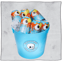 Beavertown Bones Lager & Ice Bucket Beer Bundle. Blue bucket with white skull Beavertown logo. Bucket contains 6 Bones lagers and some ice in front of a grey background.