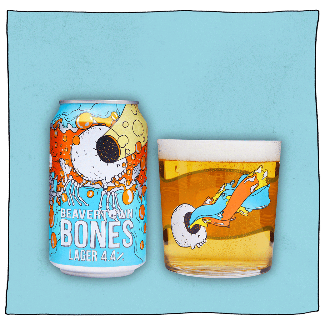 Beavertown Brewery Bones Dead Good Lager and Beavertown Half pint glass filled with beer. Blue and orange can with white skull with skeleton hands in front of a blue background. Skull only has one large eye socket which is exerting a yellow laser beam. Beavertown Half pint glass has the same one eye socket skull shooting tangled blue and orange laser beams.