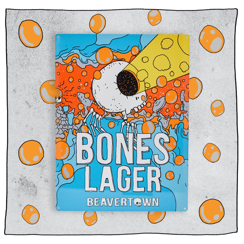 Beavertown Brewery Bones Tin Tacker. Bones illustration on a rectangle piece of metal. Text reads Bones Lager Beavertown.