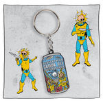 Gamma Ray Keyring with light grey background and 2 Gamma Astronauts next to the key ring. Key ring is a replica of the Gamma Ray can - blue, and orange with Gamma Astronauts in the foreground.