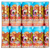 2 rows of Heavy Gravity Hazy IPA in front of a blue background. Cans are blue with colourful meteors, a white skull and a silver UFO.