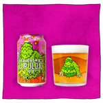 Beavertown Brewery Lupuloid IPA and Beavertown Lupuloid Tumbler glass filled with beer in front of a pink background. Beer glass is a clear glass that has a green furry monster in the centre.