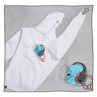 Skeletunes Hoodie in White in front of a grey back ground. Hoodie has a blue skull wearing black and red headphones. This illustration is also in the background.
