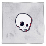 White skull pin badge in front of a grey background.