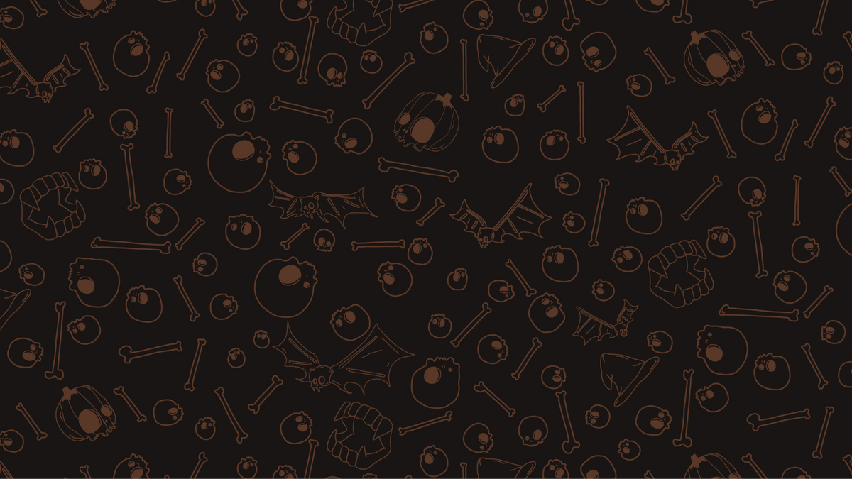 A repeating Halloween-themed line-art pattern on a very dark brown background, featuring pumpkins, bones, bats, skulls, and other spooky motifs in a lighter brown outline.