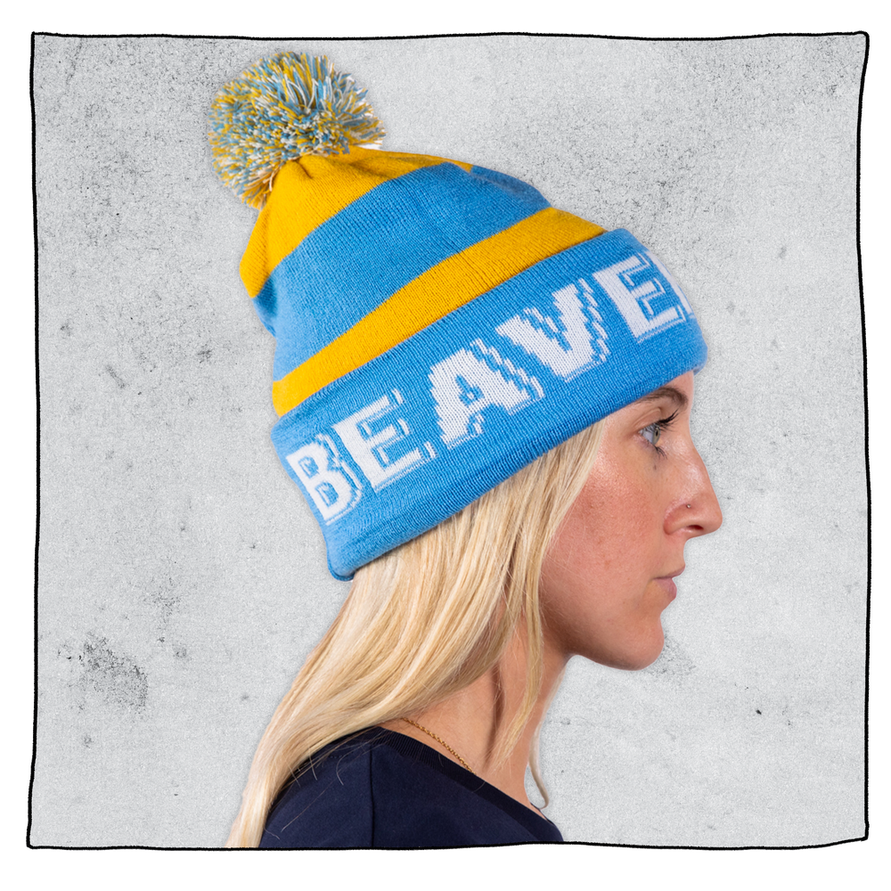 Beavertown Cuffed Pom-Pom Beanie in Yellow Blue Beavertown Brewery