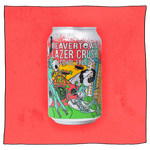 Lazer Crush - Alcohol Free IPA Can in front of a pink background. Can is silver with blue, pink, green and yellow, with white skeletons dancing and chilling on the green grass foreground.