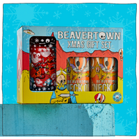 Beavertown Xmas gift set packaging with two cans inside on a blue background