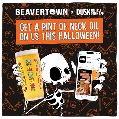 Promotional graphic for a Beavertown x Dusk collaboration, featuring a skeleton holding a pint of beer and a smartphone displaying the Dusk app, with the text 'GET A PINT OF NECK OIL ON US THIS HALLOWEEN!' on a black background with orange Halloween illustrations.