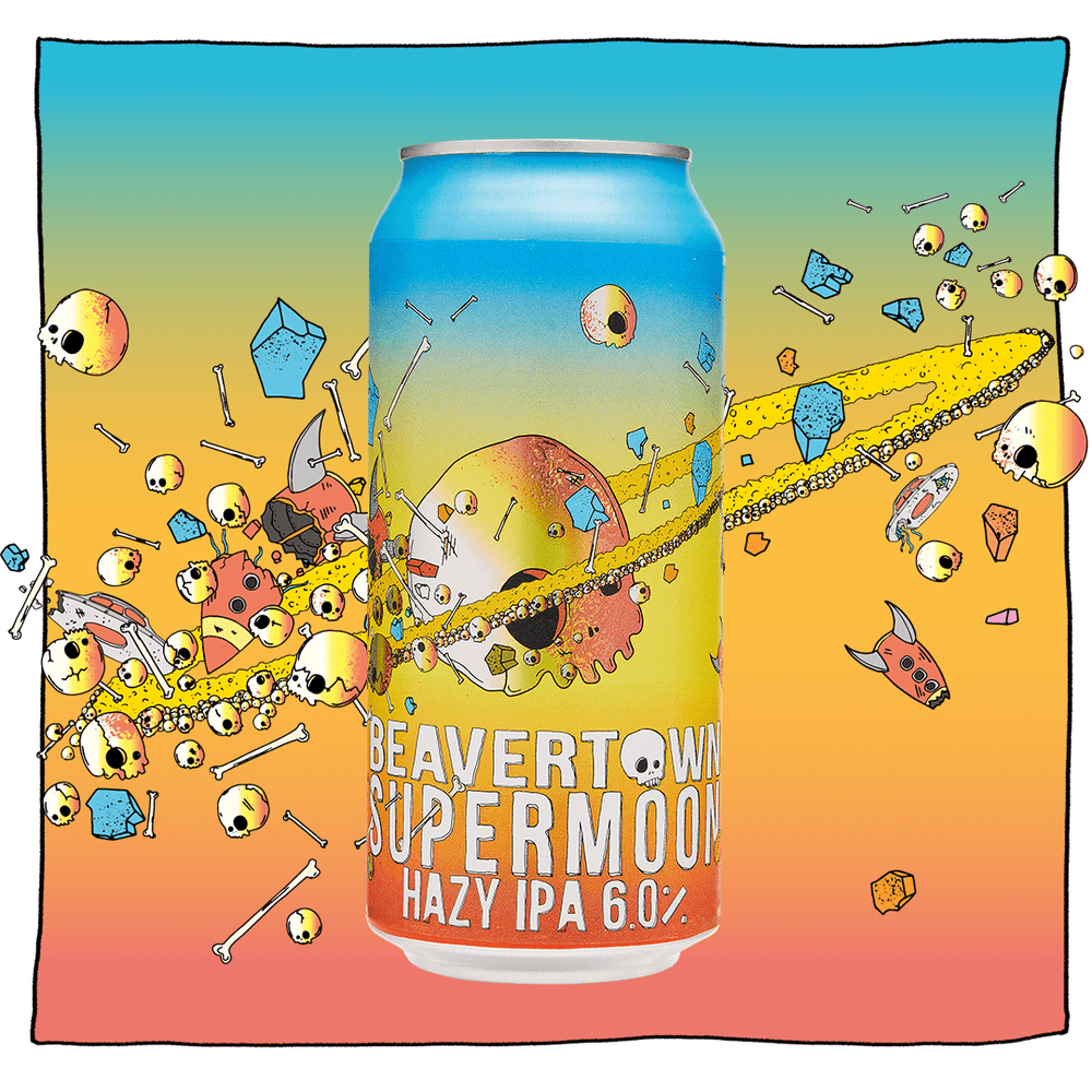 Beavertown Supermoon Hazy IPA can in front of a blue, yellow and pink background with skulls, bones and rocket fragments. Can is blue, yellow and orange with a Saturn like skull in the middle.