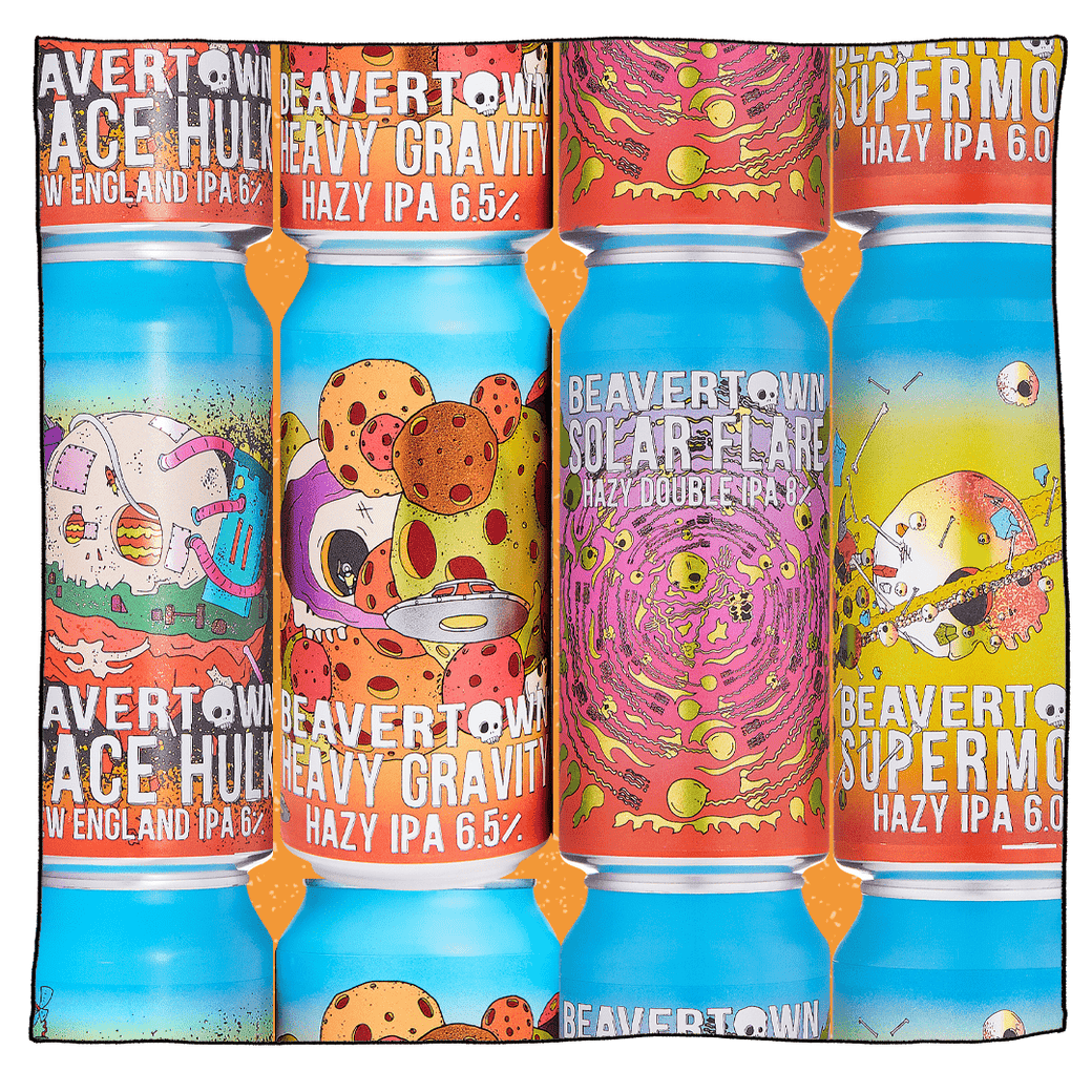 4 columns of Beavertown Hazy IPAs in front of an orange background.  Space Hulk, Heavy Gravity, Solar Flare and Supermoon.