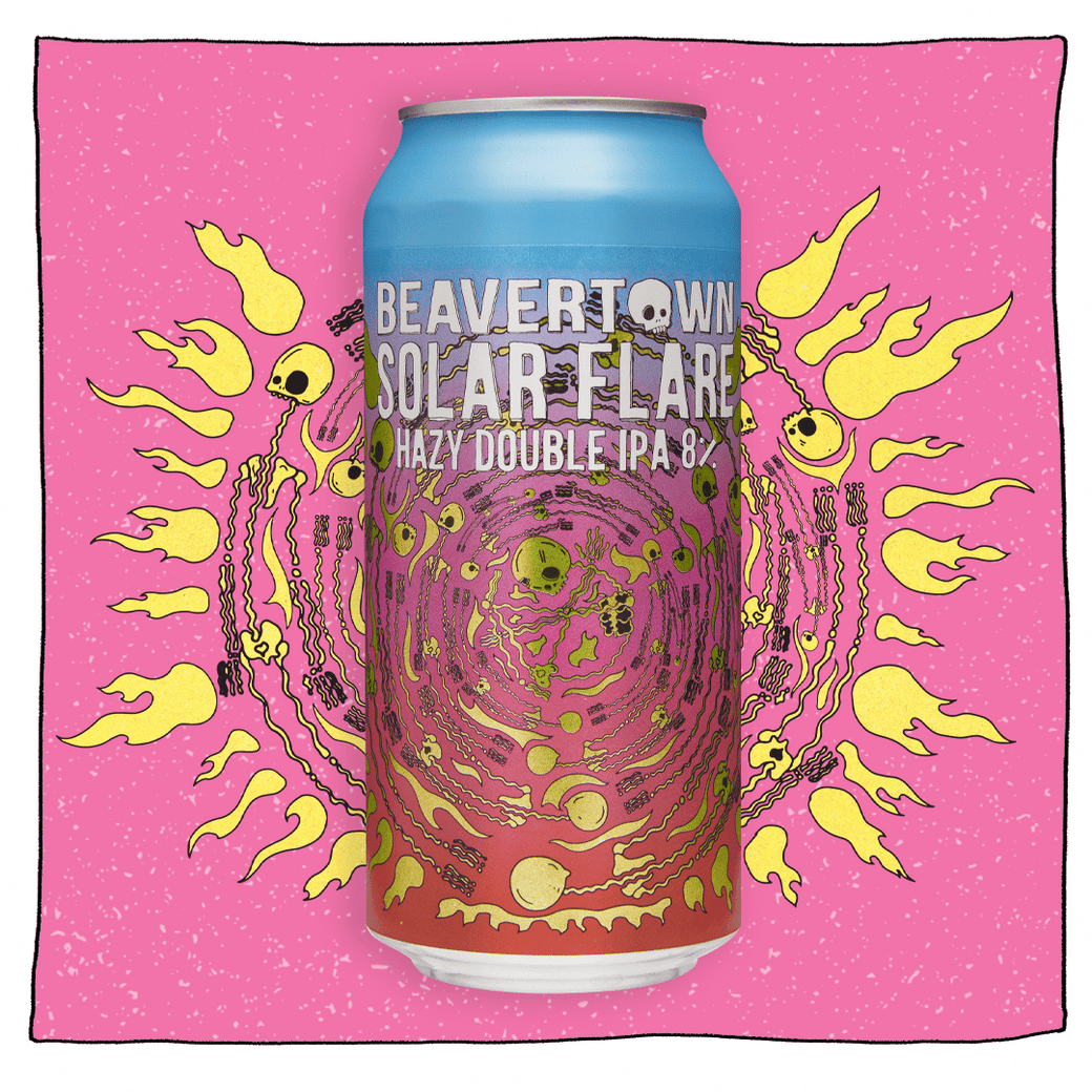 Beavertown Solar Flare Hazy Double IPA can in front of a purple background with yellow skulls and flames. Can is blue and purple with yellow skulls and flames.