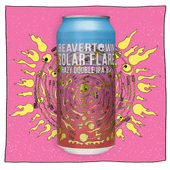 Beavertown Solar Flare Hazy Double IPA can in front of a purple background with yellow skulls and flames. Can is blue and purple with yellow skulls and flames.
