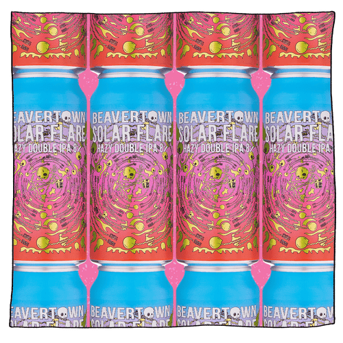 4 columns of Solar Flare Hazy Double IPA cans stacked in front of a purple background. Can is blue and purple with yellow skulls and flames.
