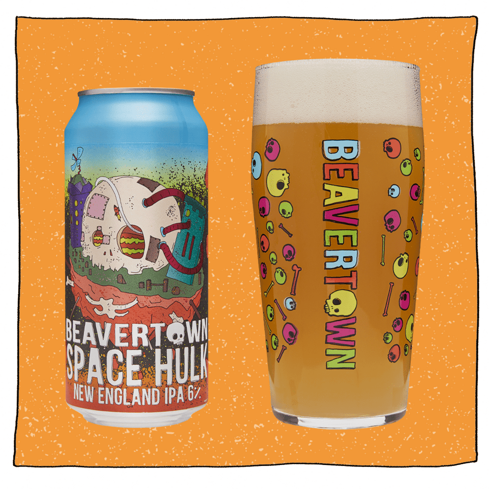Beavertown Space Hulk can and Psychedelic Skull pint glass full of beer in front of an orange background. Can is blue, green and red with a large white skull.