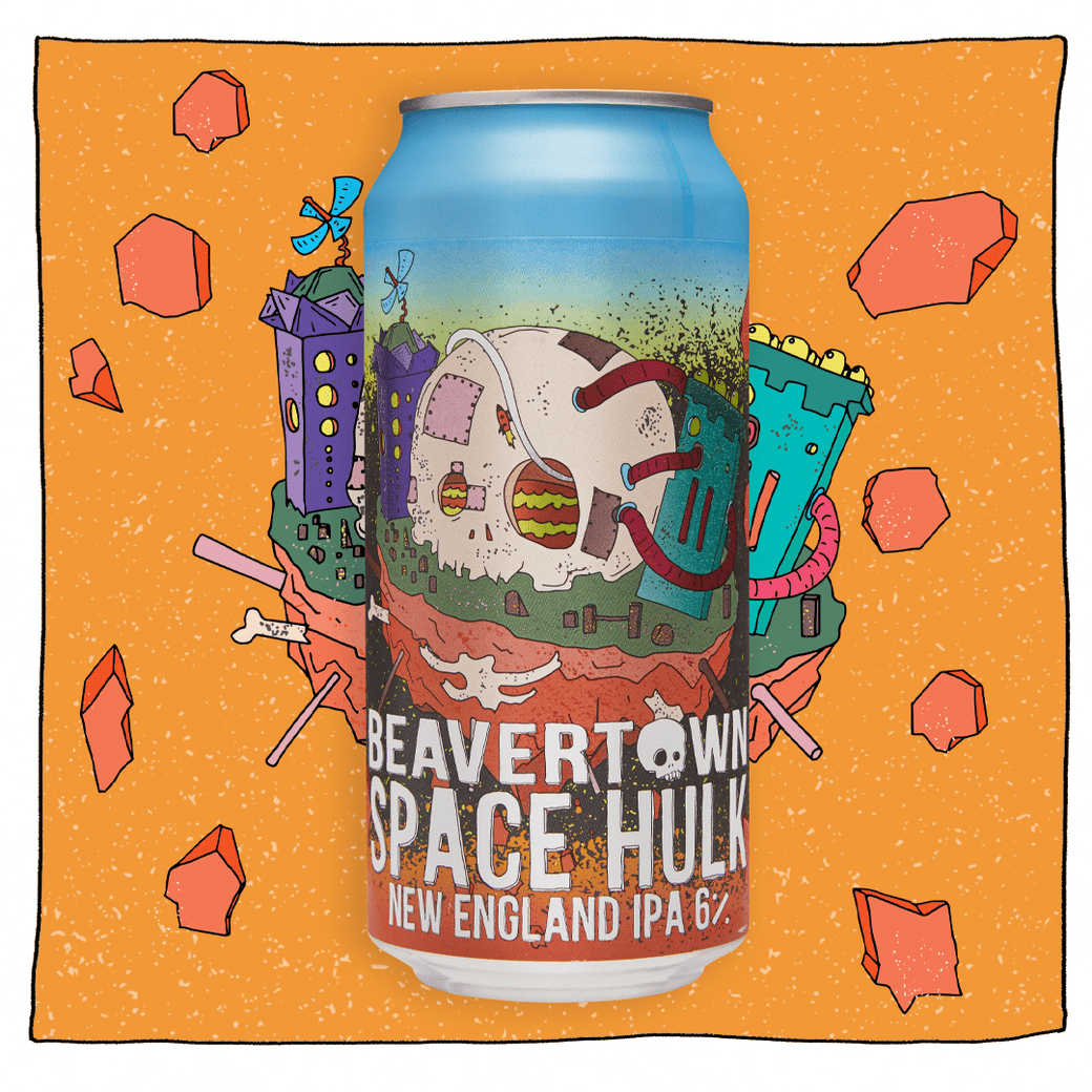Beavertown Space Hulk New England IPA can in front of an orange background with red fragments. Can is blue, green and red with a large white skull.