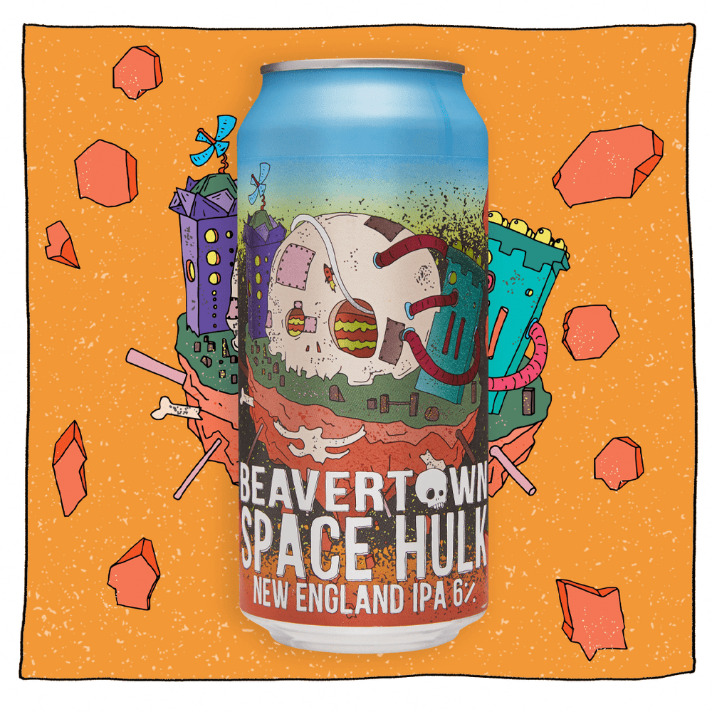 Beavertown Space Hulk New England IPA can in front of an orange background with red fragments. Can is blue, green and red with a large white skull.