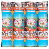 4 columns of Space Hulk New England IPA cans stacked in front of an orange background. Cans are blue, green and red with a large white skull.