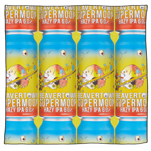 4 columns of Beavertown Supermoon Hazy IPA cans in front of a blue, yellow and pink background with skulls, bones and rocket fragments. Cans are blue, yellow and orange with a Saturn like skull in the middle.