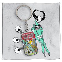 Lazer Crush Can Keyring  in front of a light grey background with illustrations of skulls and a skeleton with horns.