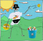 Illustration of a skeleton in the park throwing a sticky ball and holding a yellow frisbee.