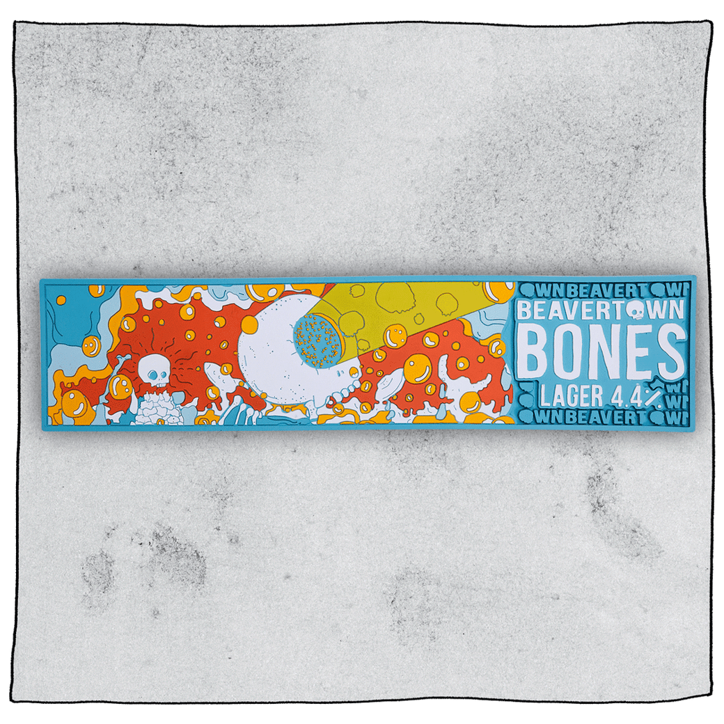 Beavertown Brewery Bones bar runner. Blue bar runner with Bones skeleton print with yellow and orange bubbles.