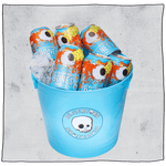Beavertown Bones Lager & Ice Bucket Beer Bundle. Blue bucket with white skull Beavertown logo. Bucket contains 6 Bones lagers and some ice in front of a grey background.