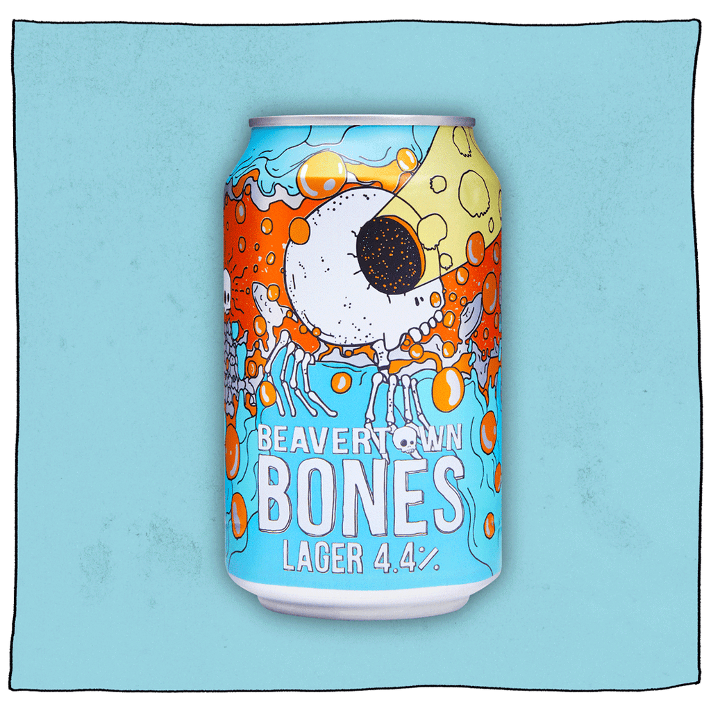 Beavertown Brewery Bones Dead Good Lager in a blue and orange can with white skull with skeleton hands in front of a blue background. Skull only has one large eye socket which is exerting a yellow laser beam.