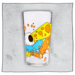 Beavertown Bones Pint Glass. Empty glass has a white skull with one eye socket shooting yellow beam amongst orange and blue streaks. Grey background.