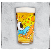Beavertown Bones Pint Glass. Glass filled with beer and has a white skull with one eye socket shooting yellow beam amongst orange and blue streaks. Grey background.