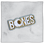 Beavertown Bones Pin Badge. White bones badge with orange and blue outline of text and white skull with orange eye instead the letter 'O'. Grey background.