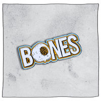 Beavertown Bones Pin Badge. White bones badge with orange and blue outline of text and white skull with orange eye instead the letter 'O'. Grey background.