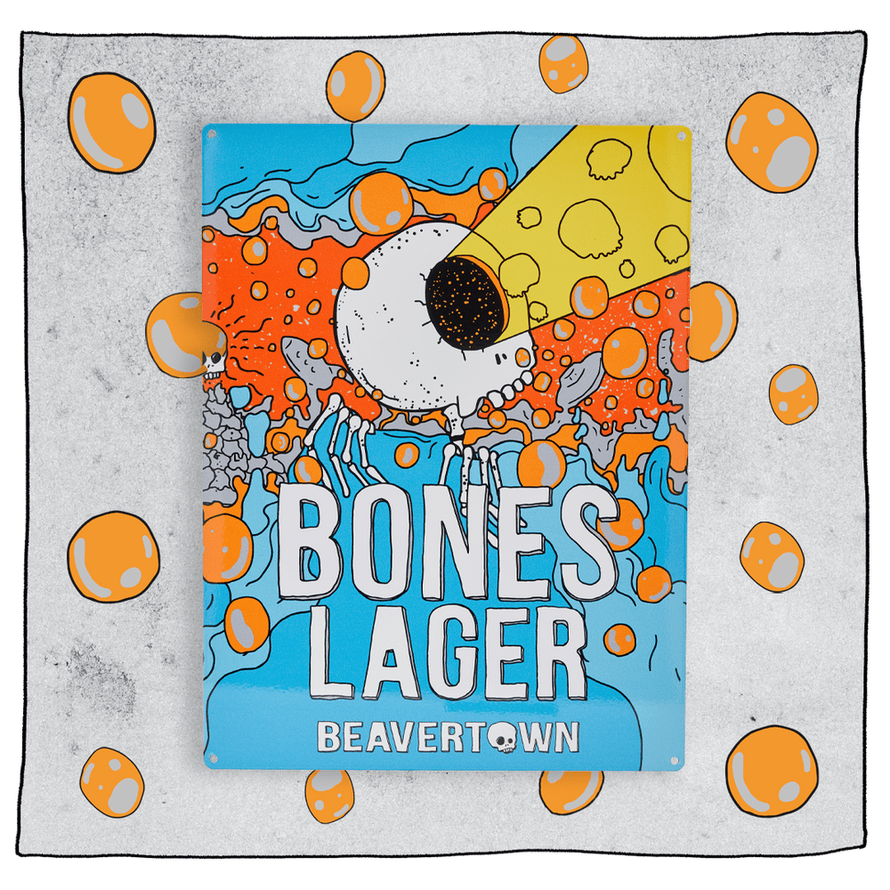 Beavertown Brewery Bones Tin Tacker. Bones illustration on a rectangle piece of metal. Text reads Bones Lager Beavertown.