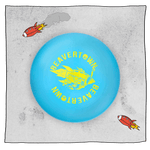 Beavertown Brewery frisbee in blue with Beavertown written in a circle twice around the centre in yellow with an illustrated drawing of a yellow rocket
