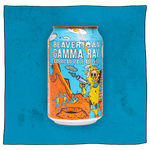 Beavertown Brewery Gamma Ray American Pale Ale in a blue, orange and yellow can in front of a blue and blotched dark blue background. Can has a yellow and blue astronaut skeleton with a grey ray gun in the foreground and orange craters, grey UFOs and other yellow and blue astronauts in the background.