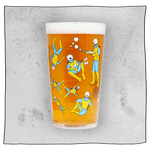 Beavertown Gamma Ray Pint Glass. Glass filled with beer and has many Gamma Ray men scattered around the glass. Grey background.