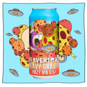 Heavy Gravity Hazy IPA in front of a blue background with meteors and silver UFOs. Can is blue with colourful meteors, a white skull and a silver UFO.