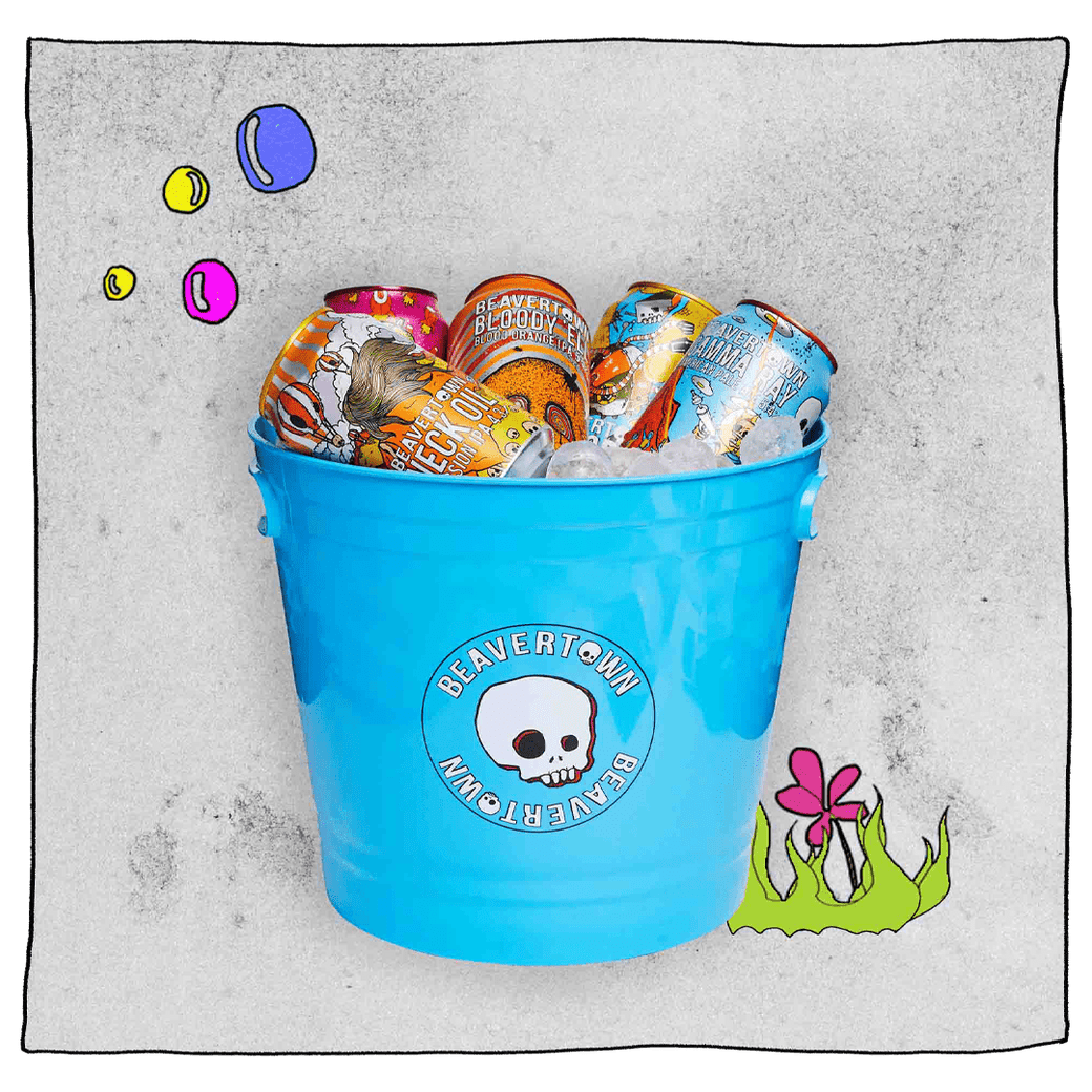 Beavertown Brewery ice bucket in blue with the Beavertown logo on the front of the bucket. Picture shows ice bucket filled with cans and some ice.
