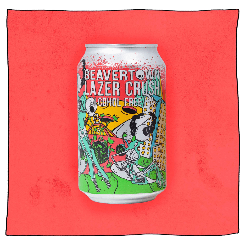Lazer Crush - Alcohol Free IPA Can in front of a pink background.  Can is silver with blue, pink, green and yellow, with white skeletons dancing and chilling on the green grass foreground.