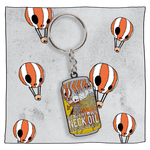 Neck Oil Can Keyring with a grey background with orange and white skull hot air balloons.