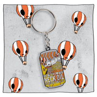 Neck Oil Can Keyring with a grey background with orange and white skull hot air balloons.