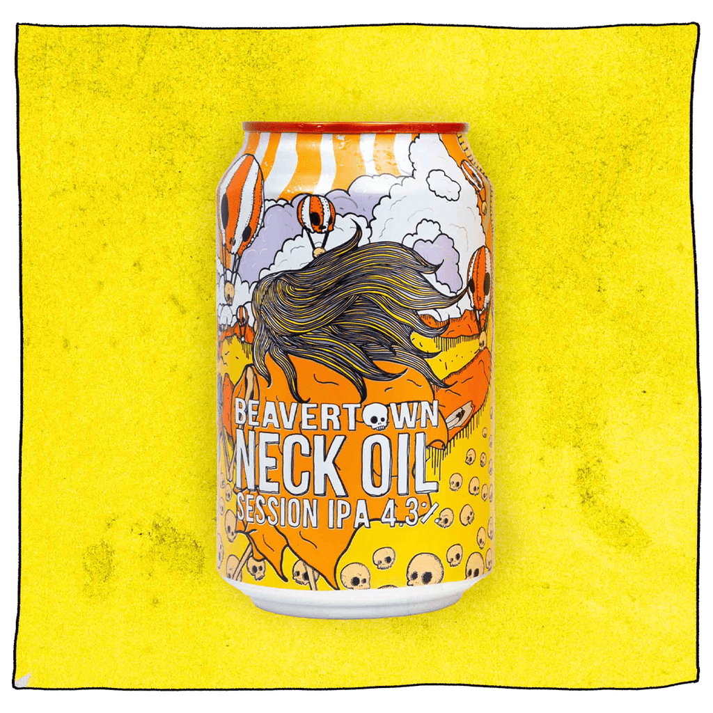Beavertown Brewery Neck Oil Session IPA in an orange, yellow and white can in front of a yellow background. Can has several orange and white hot air balloons with skulls as the balloons and a yellow foreground scattered with salmon pink skulls.