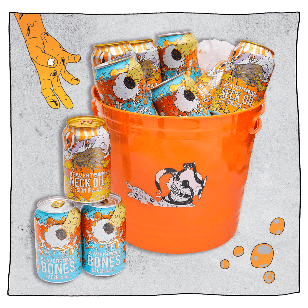 Beavertown Brewery orange ice bucket with a black and white illustration of a skeleton with snakes coming out his eyes. The ice bucket is filled with cans and some ice.