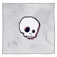 White skull pin badge in front of a grey background.